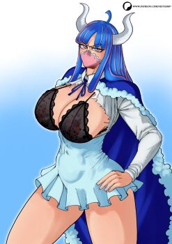 1girl absurdres annoyed blue_cape blue_hair blue_ribbon bra breasts cape collar dress hand_on_own_hip highres horns huge_breasts large_breasts long_sleeves looking_at_viewer mask mouth_mask multicolored_hair nefta3007 one_piece patreon_username pink_hair pink_mask ribbon shirt short_dress skirt thick_thighs thighs torn_clothes two-tone_hair ulti_(one_piece) underwear white_shirt