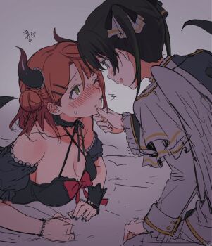 2girls bare_shoulders black_hair black_nails blush breasts cleavage commentary_request demon_horns dress feathered_wings green_eyes hair_bun hand_on_another&#039;s_chin heart horns korean_text large_breasts love_live! love_live!_nijigasaki_high_school_idol_club meobbab2 multiple_girls one_eye_closed orange_hair parted_lips single_side_bun takasaki_yu twintails uehara_ayumu white_dress wings yuri