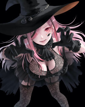 1girl :d alternate_costume bent_over black_dress black_gloves black_hair breasts claw_pose cleavage commentary dress english_commentary frilled_dress frilled_gloves frills garter_straps gloves hair_over_one_eye halter_dress halterneck hat highres hololive hololive_english lace lace-trimmed_dress lace_thighhighs lace_trim large_breasts long_hair looking_at_viewer mori_calliope multicolored_hair okoge_lab open_mouth pink_eyes pink_hair simple_background smile solo streaked_hair swept_bangs thighhighs very_long_hair virtual_youtuber witch_hat