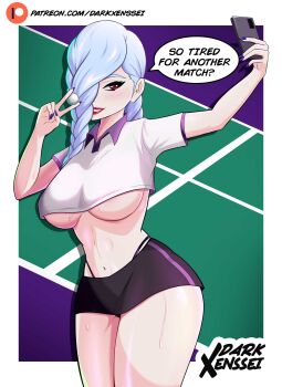 1girl absurdres breasts cellphone darkxenssei english_text g-string highres holding holding_phone jujutsu_kaisen large_breasts mei_mei_(jujutsu_kaisen) nail_polish phone red_eyes self-upload selfie smile solo sport_girl_(saberrung) sportswear thong underboob v