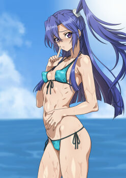 1girl aqua_bikini armpits bikini blue_hair breasts closed_mouth covered_erect_nipples finger_to_mouth from_side hair_between_eyes hand_on_own_stomach highres kazanari_tsubasa long_hair looking_at_viewer navel ocean purple_eyes senki_zesshou_symphogear small_breasts solo stomach sun swimsuit syunzou wet