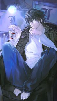 Rule 34 | 1boy, 8knff, absurdres, apple, apple core, bags under eyes, barefoot, black hair, blue pants, chair, character name, death note, denim, food, fruit, full body, hair between eyes, highres, holding, holding food, holding fruit, holding magnifying glass, jeans, l (death note), magnifying glass, male focus, monitor, no eyebrows, pants, parted lips, plaid clothes, plaid shirt, shirt, shirt under shirt, short hair, sitting, solo, white shirt