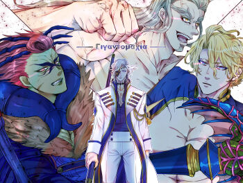 4boys adamas_(shuumatsu_no_valkyrie) aged_down angry arm_up arrow_(symbol) badge blonde_hair blue_eyes body_markings bone bone_hair_ornament brothers choker collarbone colored_skin ear_piercing earrings eyepatch facial_hair facial_mark facial_tattoo fist_up forehead_tattoo fur_trim goatee goatee_stubble gold_choker gold_trim green_skin grey_hair hades_(shuumatsu_no_valkyrie) hair_between_eyes hair_ornament hairpin half-closed_eyes high_collar horns jacket japanese_text jewelry jitome leaf_tattoo long_hair long_sleeves looking_at_viewer makeup male_focus multiple_boys multiple_earrings open_mouth pants parted_lips piercing pointy_ears polearm poseidon_(shuumatsu_no_valkyrie) purple_eyes red_eyes revealing_clothes short_hair shuumatsu_no_valkyrie siblings sidelocks single_earring smile stubble suzuka_(pixiv) swept_bangs tagme tattoo teeth trident updo upper_body veins veiny_arms weapon white_jacket white_pants yellow_eyes zeus_(shuumatsu_no_valkyrie)
