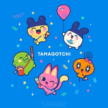 ;3 ;d ^_^ bag balloon blue_background blush_stickers bow cat closed_eyes commentary copyright_name crepe food highres holding holding_balloon holding_food holding_ice_cream ice_cream itousa kuchipatchi mametchi memetchi mimitchi myaotchi no_humans one_eye_closed open_mouth pink_bow smile sparkle star_(symbol) tamagotchi tamagotchi_(creature) twitter_username