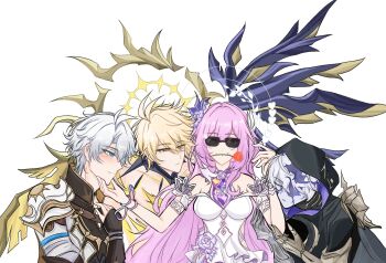 1girl 3boys absurdres ahoge asymmetrical_wings black_hood black_wings blonde_hair blue_eyes chinese_commentary commentary_request cracked_skin cyrene_(honkai:_star_rail) dress flame_reaver_of_the_deepest_dark flower flower_in_mouth gold_blood gold_gloves halo hand_on_another&#039;s_chin hetero highres honkai:_star_rail honkai_(series) long_hair mismatched_wings multicolored_hair multiple_boys multiple_persona phainon_(honkai:_star_rail) phainon_(khaslana)_(honkai:_star_rail) pink_hair red_flower red_rose rose short_hair simple_background smile sunglasses two-tone_hair very_long_hair white_background white_dress white_hair wings xiongmoudong yellow_wings