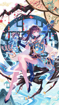 1girl absurdres aqua_dress architecture bare_legs bare_shoulders bead_necklace beads black_hair black_shoes bracelet breasts china_dress chinese_clothes chinese_commentary closed_mouth clothing_cutout commentary_request covered_navel detached_collar dress earrings east_asian_architecture expressionless floating_hair flower full_body gem gloves green_eyes hair_bun high_heels highres holding holding_instrument honkai:_star_rail honkai_(series) instrument jewelry long_hair looking_to_the_side necklace plum_blossoms round_window ruan_mei_(honkai:_star_rail) shawl shoes sitting solo tassel tree viclim-monou window