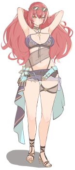 1girl absurdres adjusting_hair armpits breasts brown_hair commentary eden_(flowing_rhyme)_(honkai_impact) eden_(honkai_impact) eyewear_on_head full_body highres honkai_(series) honkai_impact_3rd kyaong large_breasts long_hair looking_at_viewer navel official_alternate_costume sandals simple_background smile solo stomach sunglasses thigh_strap thighs toes very_long_hair white_background yellow_eyes