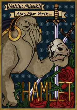 acting alien elcor english_text hamlet happyhumannoises highres holding holding_skull mass_effect_(series) skull sword tumblr weapon