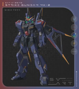 absurdres arms_at_sides character_name clenched_hands commentary_request full_body fusion glowing glowing_eye green_eyes gundam gundam_mk_ii gundam_seed highres mecha mecha_focus mechaklear mobile_suit no_humans radio_antenna robot science_fiction solo standing strike_gundam titans_(gundam) v-fin zeta_gundam