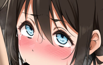 1boy 1girl bar_censor blue_eyes blush brown_hair censored close-up fellatio heavy_breathing hetero looking_up love_live! love_live!_nijigasaki_high_school_idol_club oral osaka_shizuku penis sweat tears yopparai_oni