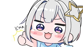 1girl :d ^^^ amane_kanata blue_hair blue_shirt blue_wings blush_stickers chibi grey_hair highres hololive mochimiko multicolored_hair open_mouth outstretched_arm purple_eyes shirt short_sleeves simple_background single_hair_intake smile solo thumbs_up translation_request two-tone_hair upper_body virtual_youtuber white_background white_wings wings