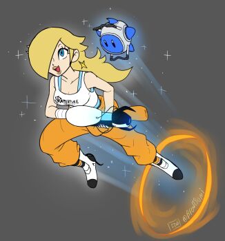 1girl aperture_science_handheld_portal_device blonde_hair blue_eyes breasts brodtsumi chell chell_(cosplay) cleavage cosplay crossover earrings grey_background hair_over_one_eye highres jewelry luma_(mario) mario_(series) nail_polish nintendo portal_(object) portal_(series) rosalina simple_background sparkle star_(symbol) star_earrings super_mario_galaxy wheatley