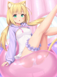Rule 34 | 1girl, :o, animal ears, balloon, blonde hair, blunt bangs, blush, breasts, bridal garter, casual one-piece swimsuit, cat ears, cat girl, cat tail, feet out of frame, green eyes, highres, long hair, low twintails, medium breasts, one-piece swimsuit, original, sasaame, shrug (clothing), sitting, solo, swimsuit, tail, twintails, white one-piece swimsuit