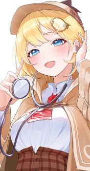 1girl :d blonde_hair blue_eyes blush breasts brown_hat brown_skirt collared_shirt commentary deerstalker hat high-waist_skirt highres hololive hololive_english necktie open_mouth plaid_clothes plaid_skirt pleated_skirt red_necktie shirt short_necktie simple_background skirt smile solo stethoscope tongue uohara_shinji virtual_youtuber watson_amelia watson_amelia_(1st_costume) white_background white_shirt