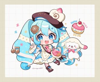1girl :d apron asymmetrical_legwear bag binchou_maguro blue_bow blue_dress blue_eyes blue_hair blue_pantyhose blush_stickers boots border bow brown_boots brown_hat character_name cherry chibi chibi_only commentary_request cookie_hair_ornament donut double-parted_bangs dress food food-themed_bag food-themed_hair_ornament footwear_bow fruit full_body grid_background hair_ornament hat hatsune_miku long_hair long_sleeves looking_at_viewer macaron mismatched_legwear necktie open_mouth pantyhose pink_necktie pink_pantyhose rabbit_yukine red_bow shoulder_bag smile striped_clothes striped_pantyhose twintails twitter_username very_long_hair vocaloid white_apron white_background wide_sleeves yuki_miku yuki_miku_(2026)