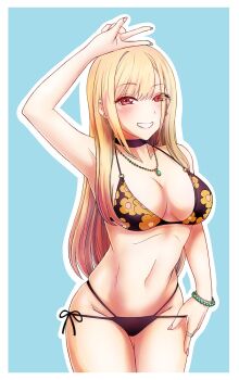 1girl art_conscript bikini black_bikini black_choker blonde_hair breasts choker commentary cowboy_shot ear_piercing english_commentary floral_print jewelry kitagawa_marin large_breasts long_hair looking_at_viewer multi-strapped_bikini multi-strapped_bikini_bottom necklace piercing print_bikini red_eyes side-tie_bikini_bottom solo sono_bisque_doll_wa_koi_wo_suru standing string_bikini swept_bangs swimsuit