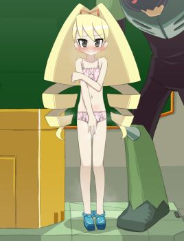 1girl blonde_hair blush bow classroom commentary_request covering_privates drill_hair forced_exposure green_eyes hair_bow jammer_(mega_man) loli long_hair looking_at_viewer luna_platz_(mega_man) mega_man_(series) mega_man_star_force_(series) navel panties pink_panties red_eyes socho4666 twin_drills underwear undressing very_long_hair