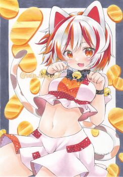 1girl :3 :d bell breasts calico_(pattern) cat_girl cat_tail coin cowboy_shot crop_top gold goutokuji_mike happy highres jingle_bell koban_(gold) maneki-neko multicolored_shirt multicolored_shorts multicolored_tail navel neck_bell open_mouth patch patchwork_clothes paw_pose shorts small_breasts smile solo stomach tail touhou tsugumi_(tky-fam) white_shorts