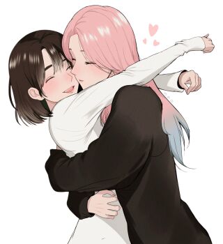 2girls alien_stage arms_around_neck black_sweater blue_hair brown_hair closed_eyes commentary gradient_hair hashtag-only_commentary heart highres hug long_hair mizi_(alien_stage) multicolored_hair multiple_girls open_mouth pink_hair raimusoft shirt short_hair smile sua_(alien_stage) sweater white_shirt yuri