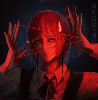 1girl black_dress cat&#039;s_cradle chainsaw_man closed_mouth collared_shirt death_devil_(chainsaw_man) dress earrings fami_(chainsaw_man) fire fourth_east_high_school_uniform highres jewelry looking_at_viewer medium_hair mole mole_under_eye mole_under_mouth pinafore_dress purple_eyes red_theme ringed_eyes sad_elm school_uniform shirt sleeveless sleeveless_dress solo spoilers string string_around_finger