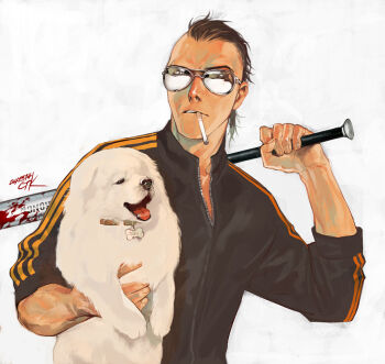 1boy animal animal_collar baseball_bat black_jacket blood bloody_weapon brown_hair cigarette closed_mouth collar ctkcave dog glasses holding holding_animal holding_baseball_bat holding_weapon jacket looking_at_viewer male_focus open_mouth original simple_background smoking solo striped_clothes tinted_eyewear undercut vertical-striped_clothes weapon white_background white_fur