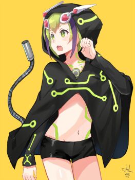10s 1girl 2012 android bad_id bad_pixiv_id bike_shorts black_hair cable cable_tail cape cloak cowboy_shot dated dimension_w female_focus green_eyes green_hair headgear hood hooded_cloak hoodie kenkaizar looking_to_the_side matching_hair/eyes mechanical_tail multicolored_hair navel open_mouth orange_background plug short_hair shorts signature solo standing streaked_hair tail tattoo two-tone_hair yellow_background yurizaki_mira