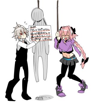 Rule 34 | 2boys, antenna hair, aqua belt, astolfo (fate), astolfo (memories at trifas) (fate), belt, black bow, black pants, black pantyhose, black vest, bow, braid, closed eyes, crop top, dress shirt, fate/apocrypha, fate (series), grey hair, hair between eyes, hair bow, hanged, haoro, holding, holding rope, jacket, long braid, long hair, multicolored hair, multiple boys, multiple hair bows, pants, pantyhose, pink hair, purple jacket, red eyes, rope, shirt, short hair, sieg (fate), simple background, single braid, sketch, smile, streaked hair, translation request, trap, very long hair, vest, white background, white shirt