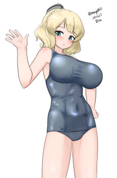 Rule 34 | 1girl, absurdres, alternate costume, armpits, bare shoulders, blonde hair, blue eyes, blush, braid, breasts, cleavage, closed mouth, colorado (kancolle), commentary request, covered navel, dated, feet out of frame, grey one-piece swimsuit, highres, kantai collection, large breasts, maru (marg0613), medium hair, old school swimsuit, one-hour drawing challenge, one-piece swimsuit, school swimsuit, single braid, solo, swimsuit, twitter username, waving