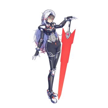 1girl absurdres adapted_costume alternate_costume armor armored_boots body_armor bodystocking boots breasts chest_jewel commission commissioner_upload covered_navel energy_sword facial_mark fake_zero_(mega_man) forehead_jewel full_body gauntlets genderswap genderswap_(mtf) highres holding holding_sword holding_weapon kiauwrenn knee_armor knee_boots mature_female mechanical_ears medium_breasts mega_man_(series) mega_man_x2 mega_man_x_(series) multicolored_hair no_headwear non-web_source red_eyes red_streaks shaded_face shorts shoulder_armor solo streaked_hair sword thighs transparent_background two-tone_hair wavy_hair weapon white_hair