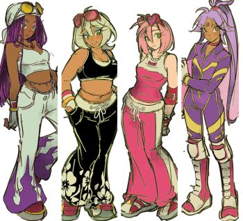 4girls amy_rose blaze_the_cat boots breasts choker cleavage closed_mouth dark-skinned_female dark_skin eyelashes eyeshadow eyewear_on_head facial_mark fingerless_gloves floral_print forehead_mark gloves hair_between_eyes hand_in_pocket headscarf heart heart-shaped_eyewear highres jewelry knee_boots large_breasts livpoid long_hair makeup medium_breasts midriff multiple_girls necklace pants personification pink_hair ponytail purple_hair rouge_the_bat simple_background small_breasts sonic_(series) sonic_riders_(series) sports_bra sunglasses wave_the_swallow white_background white_gloves white_hair