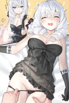 1girl 1other ambiguous_gender bare_shoulders bed_sheet black_dress black_gloves black_panties blue_eyes blush breasts cleavage closed_eyes closed_mouth commentary_request dress drill_hair gloves hand_up highres large_breasts long_hair looking_at_viewer mole mole_on_breast original panties panty_pull peragura pulling_another's_clothes short_dress skindentation sleeping smile smug solo_focus strapless strapless_dress translation_request twin_drills underwear wet white_hair
