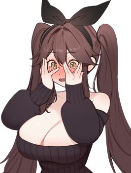 1girl ahoge bare_shoulders black_hairband black_sweater blush bow_hairband breasts brown_eyes brown_hair cleavage commentary crying crying_with_eyes_open english_commentary hair_between_eyes hair_intakes hairband heart heart_ahoge heart_in_eye highres huge_ahoge indie_virtual_youtuber large_breasts long_hair long_sleeves nose_blush open_mouth puffy_long_sleeves puffy_sleeves simple_background sky_above_me sky_above_me_(vtuber) solo sweater symbol_in_eye tearing_up tears twintails virtual_youtuber white_background
