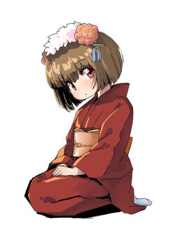 Rule 34 | 1.0-tan, 1girl, brown hair, croixsan, flower, full body, hair between eyes, image sample, japanese clothes, kimono, long sleeves, obi, obiage, obijime, orange sash, os-tan, red eyes, red flower, red kimono, sash, short hair, sideways glance, simple background, sitting, socks, solo, wariza, white background, white socks