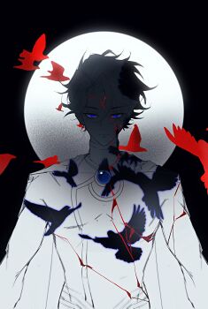 1boy absurdres bird bleeding blood blue_eyes brooch cape capelet commentary_request cracked_skin curtained_hair expressionless feizhe555546 grey_hair highres jewelry limited_palette looking_at_viewer male_focus moon_behind_head nice_(to_be_hero_x) pigeon red_pupils short_hair solo to_be_hero to_be_hero_x upper_body