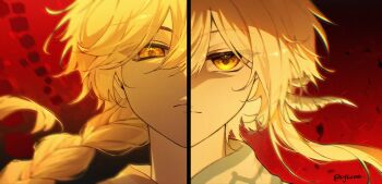 1boy 1girl aether_(genshin_impact) blonde_hair braid brother_and_sister closed_mouth genshin_impact hair_between_eyes highres kykuma4 long_hair lumine_(genshin_impact) siblings yellow_eyes