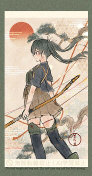 1girl artist_logo black_thighhighs bow_(weapon) brown_skirt feet_out_of_frame from_behind grey_hair hakama hakama_skirt japanese_clothes kantai_collection logo pleated_skirt skirt solo sun tasuki thighhighs tree twintails weapon wss_(nicoseiga19993411) zuikaku_(kancolle) zuikaku_kai_ni_(kancolle)