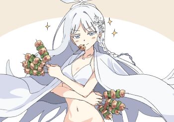 &gt;:) 1girl bikini blue_archive blush_stickers braid closed_mouth collarbone colored_eyelashes commentary_request doyagao dual_wielding floating_hair food grey_eyes hair_between_eyes hair_ornament halo halterneck haori haori_on_shoulders holding holding_food holding_skewer japanese_clothes long_hair looking_at_viewer momomatang nagusa_(blue_archive) nagusa_(swimsuit)_(blue_archive) navel simple_background single_braid skewer smile smug snowflake_hair_ornament snowflake_halo solo sparkle split_mouth stomach swimsuit tsurime upper_body v-shaped_eyebrows very_long_hair white_background white_bikini white_eyelashes white_hair white_halo white_haori yakitori