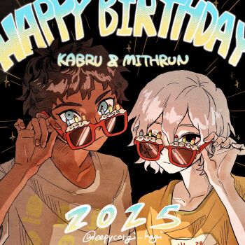 Rule 34 | 2boys, adjusting eyewear, artist name, bags under eyes, birthday glasses, black background, black eyes, black hair, blue eyes, character name, commentary, curly hair, dark-skinned male, dark skin, dated, dungeon meshi, elf, english commentary, english text, grey hair, happy birthday, highres, kabru, looking at viewer, male focus, mithrun, multiple boys, pachix2 corgi, pointy ears, shirt, short hair, sunglasses, uneven eyes, upper body