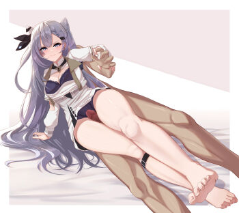 Rule 34 | 1boy, 1girl, absurdres, barefoot, blush, bra, braid, breasts, censored, cleavage, closed mouth, clothed female nude male, commentary, commission, cone hair bun, double bun, dress, elbow cutout, english commentary, feet, grabbing another's arm, grey eyes, grey hair, hair bun, hair ornament, hair ribbon, head out of frame, hetero, highres, hololive, hololive indonesia, hui yu, jpeg artifacts, keyhole, lace, lace-trimmed bra, lace-trimmed panties, lace trim, large breasts, long hair, long sleeves, mosaic censoring, nude, panties, penis, purple bra, purple panties, ribbon, smile, solo focus, sweat, thigh sex, thighs, toes, underwear, vestia zeta, vestia zeta (1st costume), virtual youtuber, white dress