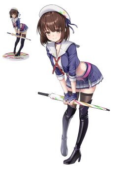 1girl absurdres belt beret black_boots blue_choker blue_jacket blue_skirt boots brown_eyes brown_hair brown_thighhighs choker closed_mouth crop_top cropped_jacket figure figure_(medium) full_body hat high_heel_boots high_heels highres holding holding_umbrella jacket katou_megumi leaning_forward long_sleeves looking_at_viewer mashilemo medium_hair midriff miniskirt open_clothes open_jacket photo_(medium) pleated_skirt race_queen saenai_heroine_no_sodatekata sailor_collar shirt simple_background skirt smile solo standing thigh_boots thighhighs umbrella white_background white_hat white_sailor_collar white_shirt zettai_ryouiki