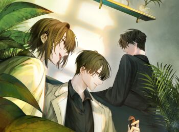 Rule 34 | 2boys, black coat, black hair, black shirt, bob cut, chess piece, coat, collar, collared shirt, commentary request, couch, curtained hair, day, elbow rest, fern, han sooyoung, hayu beck, highres, holding, holding chess piece, kim dokja, knight (chess), korean commentary, leaning back, male focus, multiple boys, omniscient reader's viewpoint, open clothes, open coat, plant, popped collar, potted plant, shelf, shirt, short hair, smile, sunlight, white coat, window light, yoo joonghyuk