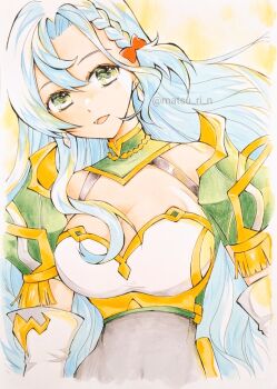 1girl aqua_hair armor bodystocking bow braid breastplate breasts chika_1 chloe_(fire_emblem) cleavage covered_navel earrings fire_emblem fire_emblem_engage gloves green_eyes large_breasts long_hair looking_at_viewer nintendo orange_bow shoulder_armor side_braid smile solo teardrop_earrings white_gloves