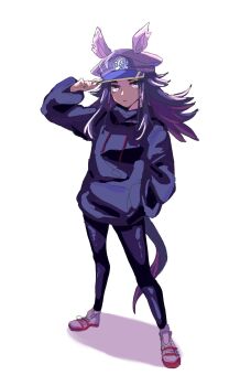 1girl animal_ears black_hair black_hoodie black_leggings commentary_request donguri_big drawstring ears_through_headwear fenomeno_(umamusume) flipped_hair full_body hand_in_pocket hat highres hood hood_down hoodie horse_ears horse_girl horse_tail leggings long_hair long_sleeves looking_at_viewer multicolored_hair parted_lips peaked_cap purple_eyes purple_hair shoes solo standing tail umamusume