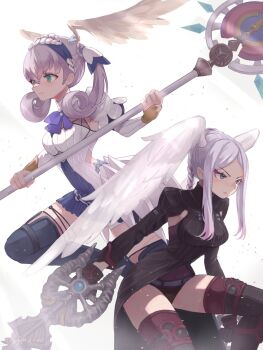 2girls blue_eyes braid breasts cape crown_braid curly_hair dress gloves head_wings highres juliet_sleeves long_hair long_sleeves medium_breasts melia_antiqua multiple_girls o-ring puffy_sleeves remaco short_dress siblings simple_background sisters smile staff thighhighs tyrea_(xenoblade) upper_body wings xenoblade_chronicles:_future_connected xenoblade_chronicles_(series) xenoblade_chronicles_1