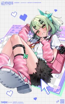 Rule 34 | 1girl, arm warmers, bandaid, bandaid hair ornament, black skirt, blush, checkered background, commentary request, cursor, earrings, edajima denki, fingernails, frilled sleeves, frills, fur-trimmed skirt, fur trim, green eyes, green hair, grey background, hair ornament, head tilt, heart, heart hair ornament, highres, jewelry, leg warmers, looking at viewer, multiple hair clips, musical note earrings, necktie, parted lips, pink arm warmers, pink bag, pink leg warmers, pink nails, pink shoes, ponytail, red necktie, shirt, shoe soles, shoes, skirt, solo, striped arm warmers, striped leg warmers, sunna (zenless zone zero), white shirt, zenless zone zero