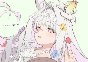 1girl ahoge artist_name commentary_request cone_hair_bun fate/grand_order fate_(series) flora_(fate) flower flower-shaped_pupils green_background grey_hair hair_bun hair_flower hair_ornament highres long_hair monocle purple_eyes shimaa482 symbol-shaped_pupils twitter_username