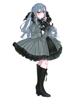 Rule 34 | 1girl, bang dream!, bang dream! it's mygo!!!!!, black boots, black gloves, black ribbon, blue hair, boots, commentary request, dress, fingerless gloves, flower stand art, gloves, grey dress, hair ribbon, high heel boots, high heels, highres, knee boots, long hair, long sleeves, ribbon, rurunekoma, sidelocks, solo, togawa sakiko, twitter username, two side up, yellow eyes