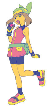 1girl bandana bike_shorts bike_shorts_under_shorts black_collar black_shorts blue_eyes brown_hair collar colorful dress fanny_pack feiyang02 gloves green_bandana highres holding holding_poke_ball looking_at_viewer may_(pokemon) medium_hair minimalism nintendo open_mouth orange_dress orange_shirt poke_ball pokemon pokemon_emerald pokemon_rse shirt shorts shorts_under_shorts simple_background smile solo standing standing_on_one_leg white_background white_gloves