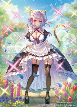 1girl ahoge animal_ear_fluff animal_ears black_shoes blue_hair blue_petals blue_sky bow bowtie breasts brown_thighhighs cleavage clothes_lift cloud cloudy_sky colored_inner_hair commentary_request copyright_name copyright_notice dress dress_lift flower frilled_dress frills grey_hair hair_between_eyes hair_ribbon highres large_breasts leopard_ears leopard_tail madopen maid maid_headdress multicolored_hair official_art orange_flower orange_tulip outdoors petals pink_bow pink_bowtie pink_flower pink_hair pink_ribbon pink_tulip purple_flower red_eyes red_flower red_tulip ribbon shoes short_hair sky solo sparkle tail thighhighs tree tulip yato_urara yellow_flower z/x