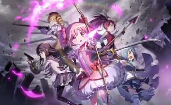 Rule 34 | 5girls, akemi homura, akemi homura (magical girl), argyle clothes, argyle footwear, arrow (projectile), artist request, back bow, bare shoulders, belt, belt buckle, beret, black boots, black bow, black capelet, black corset, black gloves, black hair, black hairband, black hat, black shirt, black thighhighs, black wrist cuffs, blonde hair, blue belt, blue boots, blue eyes, blue gem, blue hair, blue shirt, blue skirt, boots, bow, bow (weapon), bow choker, bubble skirt, buckle, building, buttons, cape, capelet, center frills, chest jewel, choker, cleavage cutout, closed mouth, clothing cutout, collared capelet, collared dress, collared shirt, corset, day, debris, detached sleeves, determined, diamond button, dot nose, drawing bow, dress, drill hair, energy arrow, feet out of frame, fighting stance, fingerless gloves, floating, floating cape, floating clothes, floating hair, flower hairpin, fortissimo, frilled dress, frilled shirt, frilled skirt, frilled sleeves, frilled socks, frills, game cg, gem, gloves, gold buckle, grey capelet, grin, gun, hair bow, hair ornament, hairband, hairclip, handgun, hat, hat feather, high collar, highres, holding, holding arrow, holding bow (weapon), holding gun, holding polearm, holding sword, holding weapon, jitome, kaname madoka, kaname madoka (magical girl), knee boots, knee up, kneehighs, leg up, lens flare, light blush, light frown, light particles, long hair, long sleeves, magic, magical girl, magical musket (madoka magica), mahou shoujo madoka magica, mahou shoujo madoka magica magia exedra, miki sayaka, miki sayaka (magical girl), miniskirt, multiple girls, musical note, musical note hair ornament, official art, open mouth, outdoors, pink dress, pink eyes, pink gem, pink hair, pink skirt, pleated skirt, polearm, ponytail, puffy long sleeves, puffy short sleeves, puffy sleeves, purple bow, purple eyes, purple skirt, red choker, red dress, red eyes, red gem, red hair, ruins, sakura kyoko, sakura kyoko (magical girl), shield, shirt, shirt under dress, short dress, short hair, short sleeves, short twintails, sidelocks, skirt, skyscraper, smile, socks, spear, square neckline, stomach cutout, stomach jewel, storm, strapless, strapless shirt, studded belt, sword, tareme, thigh belt, thigh boots, thigh strap, thighhighs, tomoe mami, tomoe mami (magical girl), tsurime, twin drills, twintails, two-tone capelet, two-tone shirt, v-shaped eyebrows, very long hair, waist bow, weapon, white-stew, white cape, white dress, white gloves, white skirt, white sleeves, white socks, white thighhighs, wrist cuffs, yellow eyes, yellow skirt